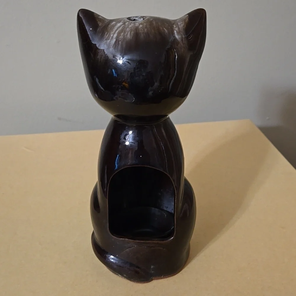 Ceramic Brown Cat Figurine Candleholder 7.5 Inches